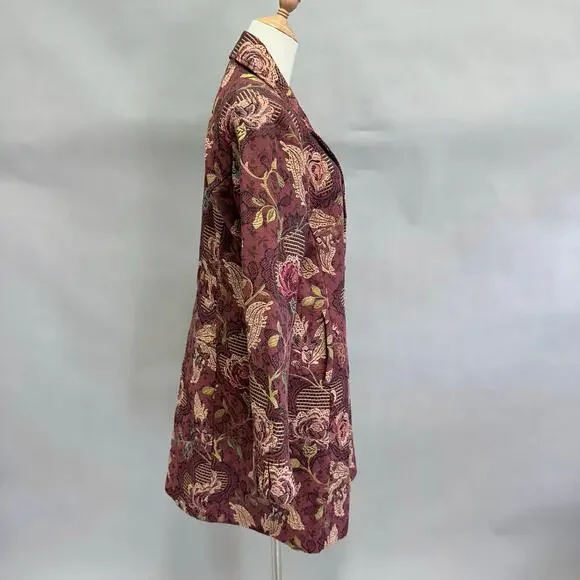 CAbi burgundy Jacobean burgundy floral jacquard tapestry long jacket Size 14
